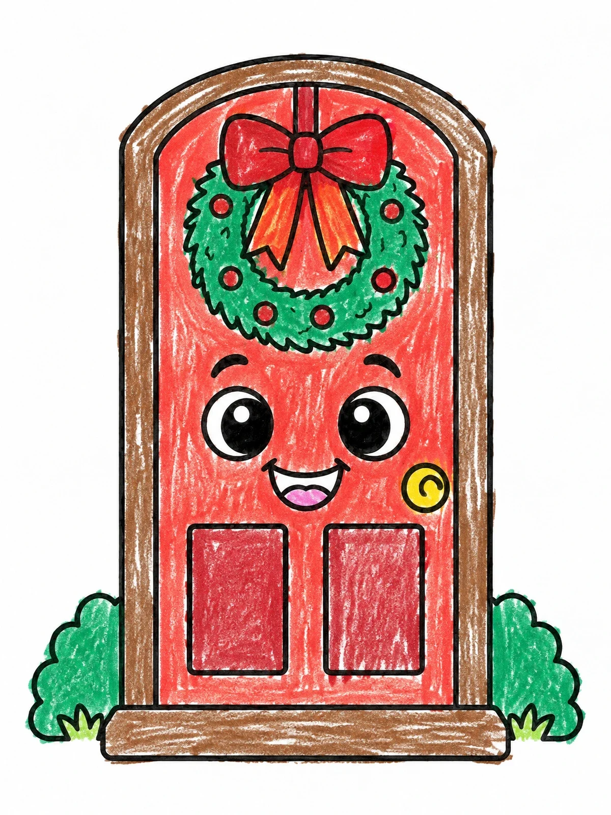 Colored example of the Happy Cartoon Door With Holiday Wreath coloring page
