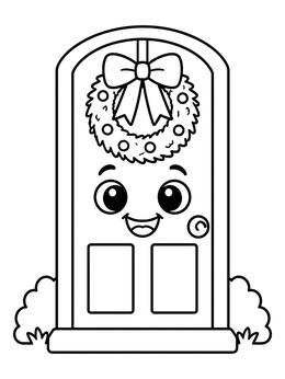 Free printable Happy Cartoon Door With Holiday Wreath coloring page