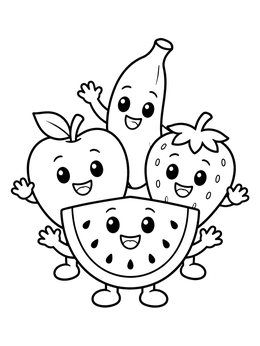 Free printable Happy Cartoon Fruit Friends coloring page