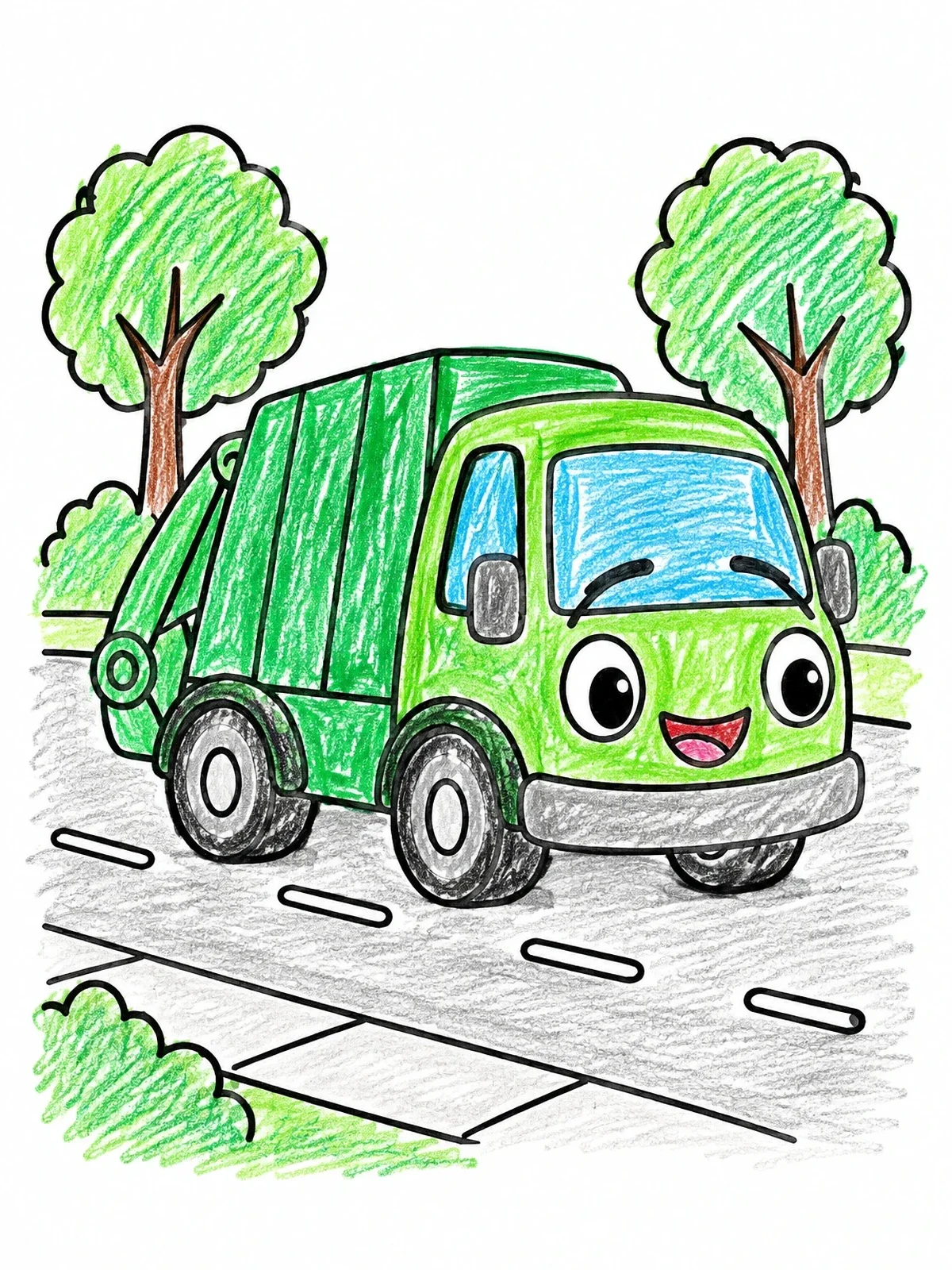 Colored example of the Happy Cartoon Garbage Truck coloring page