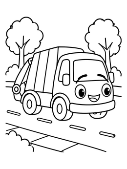 A cheerful cartoon garbage truck coloring page driving along a road lined with trees.