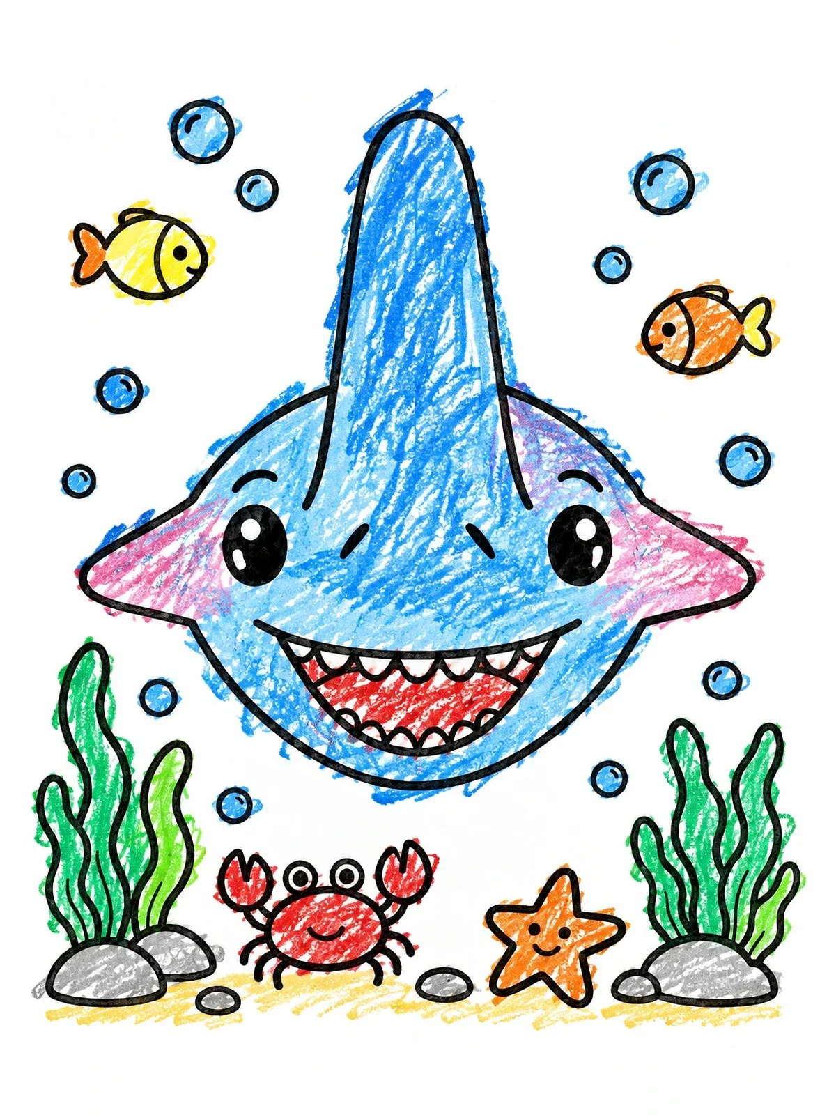 Colored example of the Happy Cartoon Goblin Shark coloring page