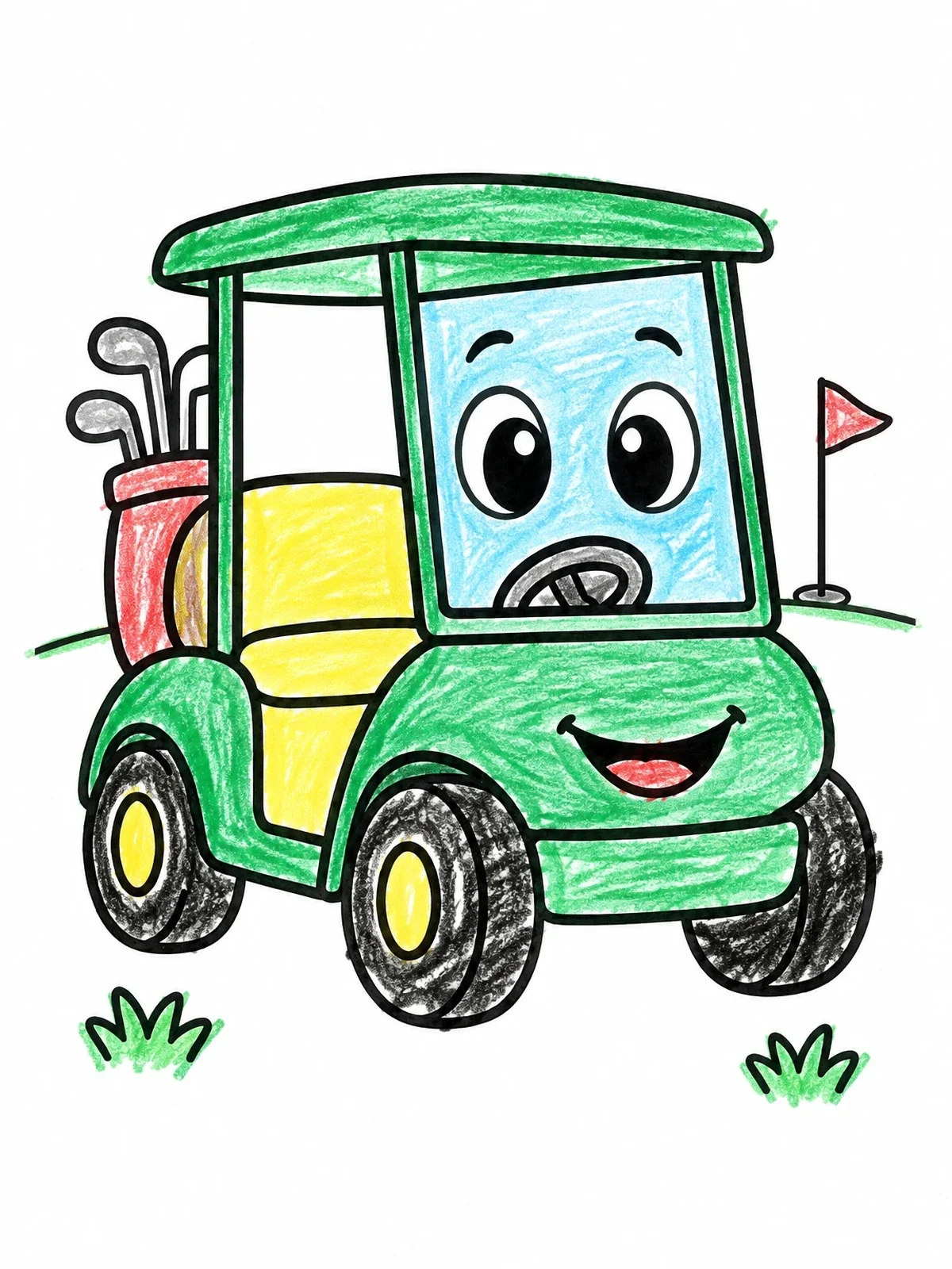 Colored example of the Happy Cartoon Golf Cart coloring page