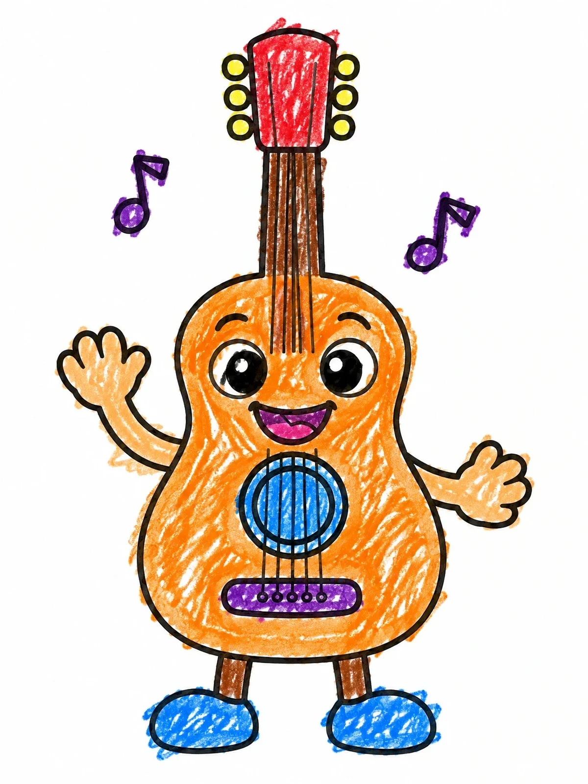 Colored example of the Happy Cartoon Guitar Character coloring page