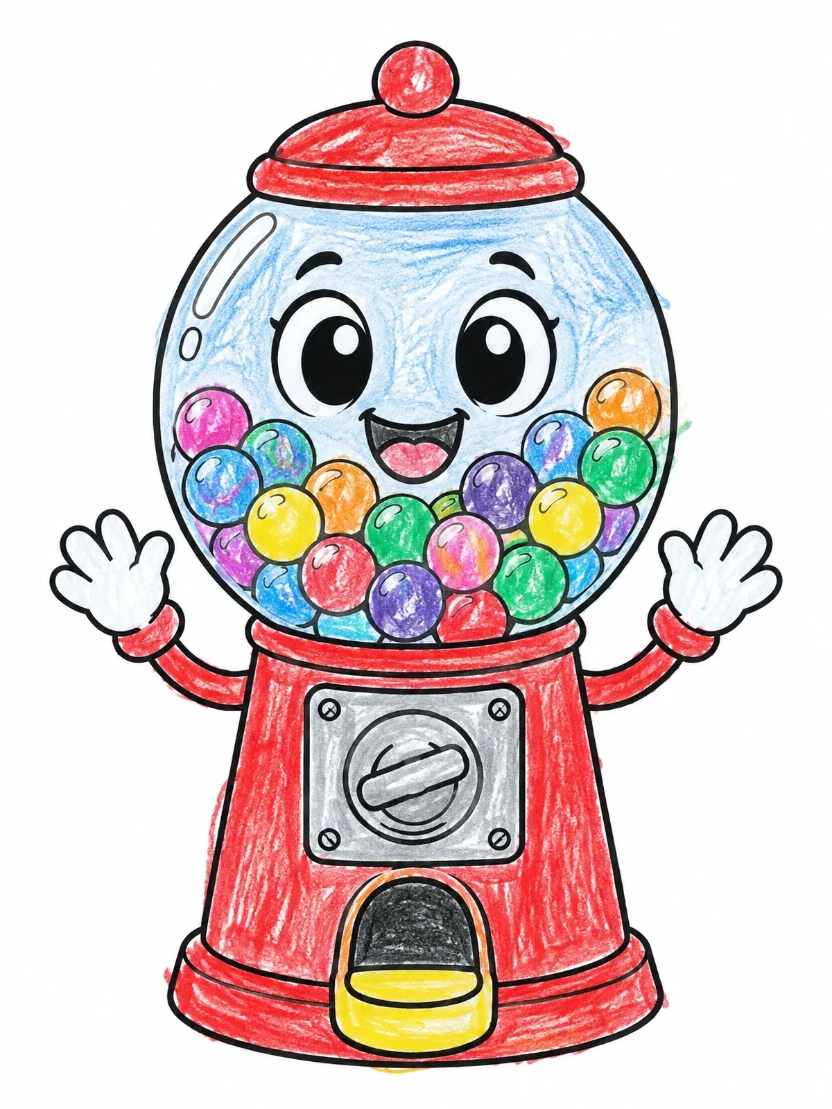Colored example of the Happy Cartoon Gumball Machine coloring page