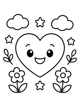 Free printable Happy Cartoon Heart With Flowers coloring page