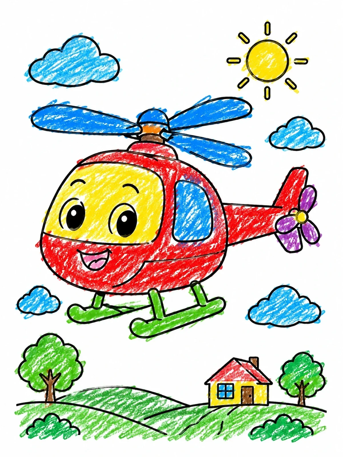 Colored example of the Happy Cartoon Helicopter In The Sky coloring page