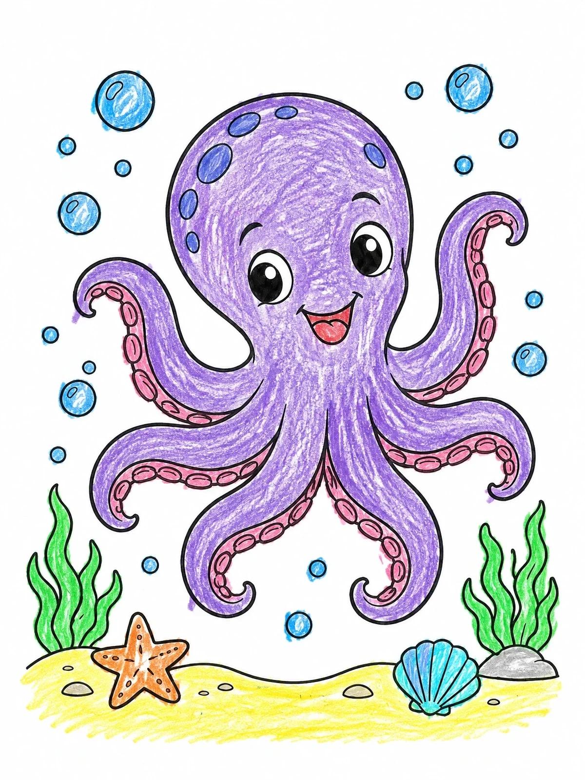Colored example of the Happy Cartoon Kraken Underwater coloring page