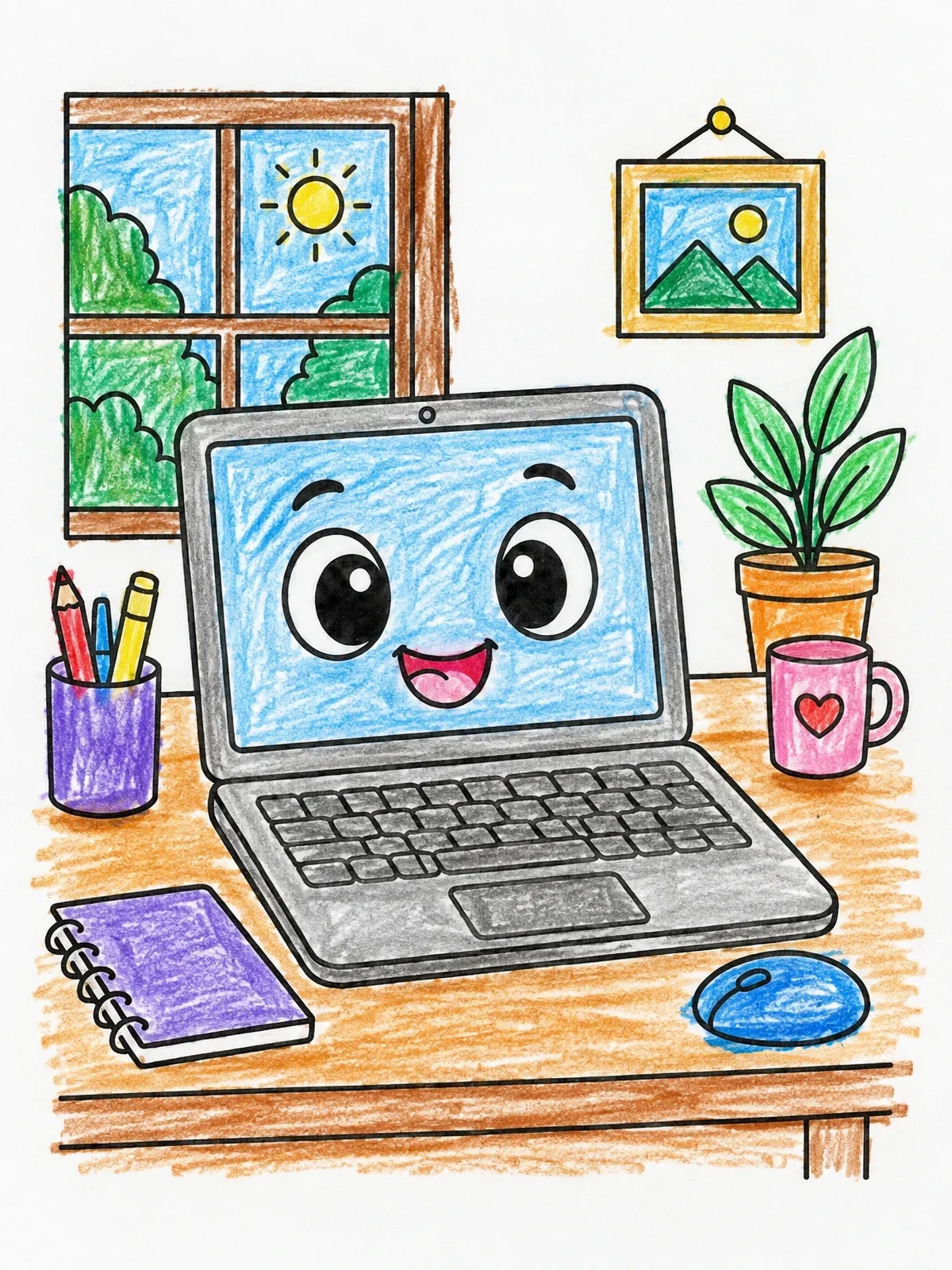 Colored example of the Happy Cartoon Laptop At Desk coloring page