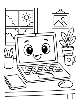Free printable Happy Cartoon Laptop At Desk coloring page