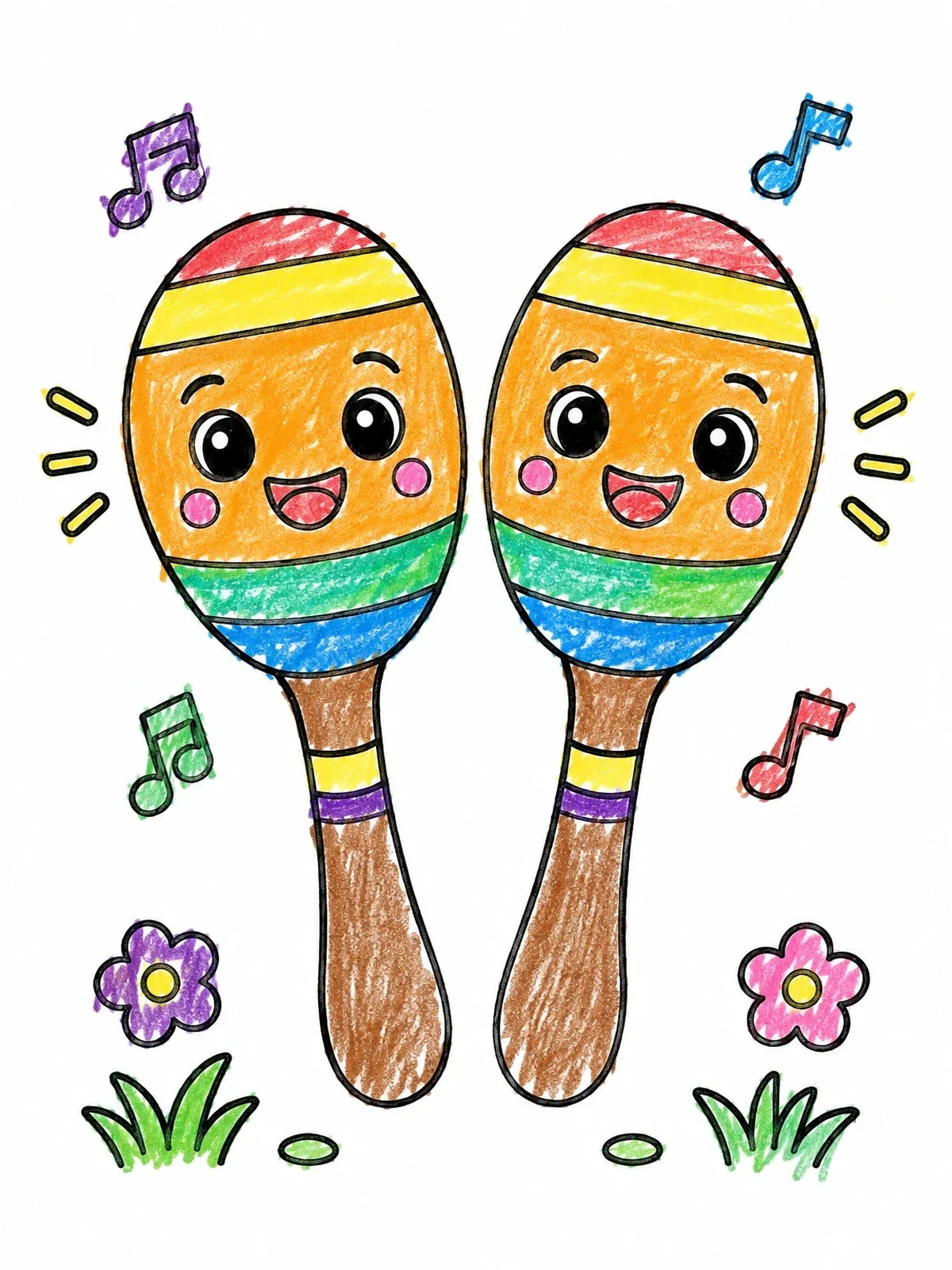 Colored example of the Happy Cartoon Maracas With Music Notes coloring page