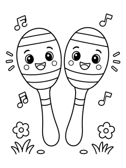 Free printable Happy Cartoon Maracas With Music Notes coloring page