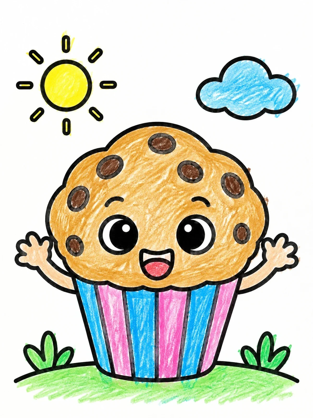 Colored example of the Happy Cartoon Muffin Outdoors coloring page