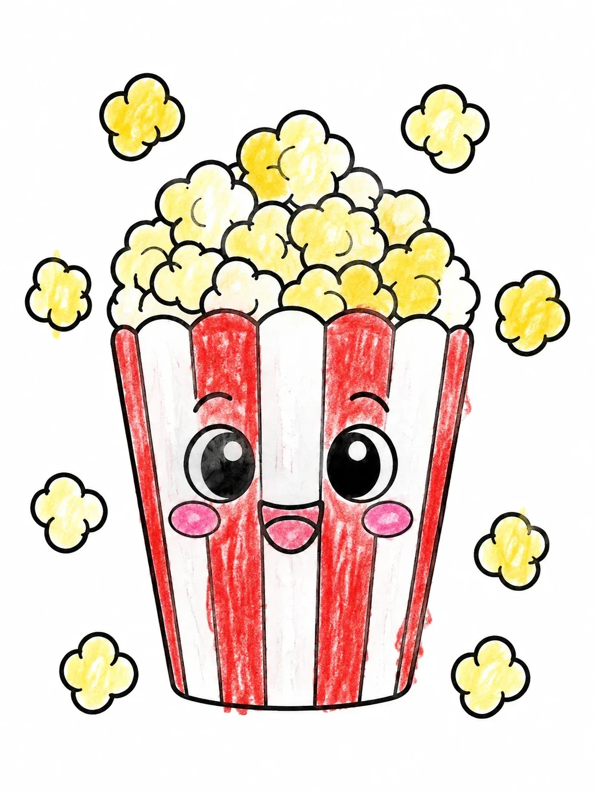 Colored example of the Happy Cartoon Popcorn Bucket coloring page
