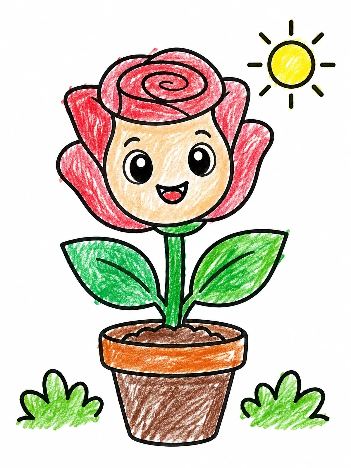 Colored example of the Happy Cartoon Rose In A Pot coloring page