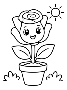 Free printable Happy Cartoon Rose In A Pot coloring page