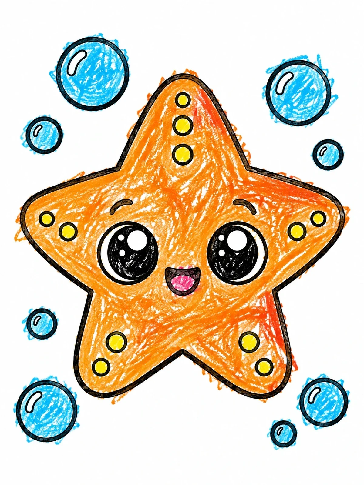 Colored example of the Happy Cartoon Starfish With Bubbles coloring page