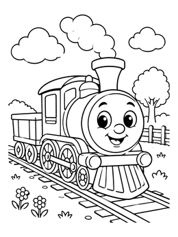 Free printable Happy Cartoon Steam Train On Tracks coloring page