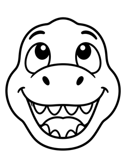 A cheerful baby t rex coloring page featuring a smiling dinosaur face looking up.
