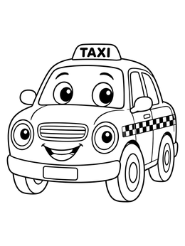 A cheerful cartoon taxi coloring page with big expressive eyes and a happy smile.