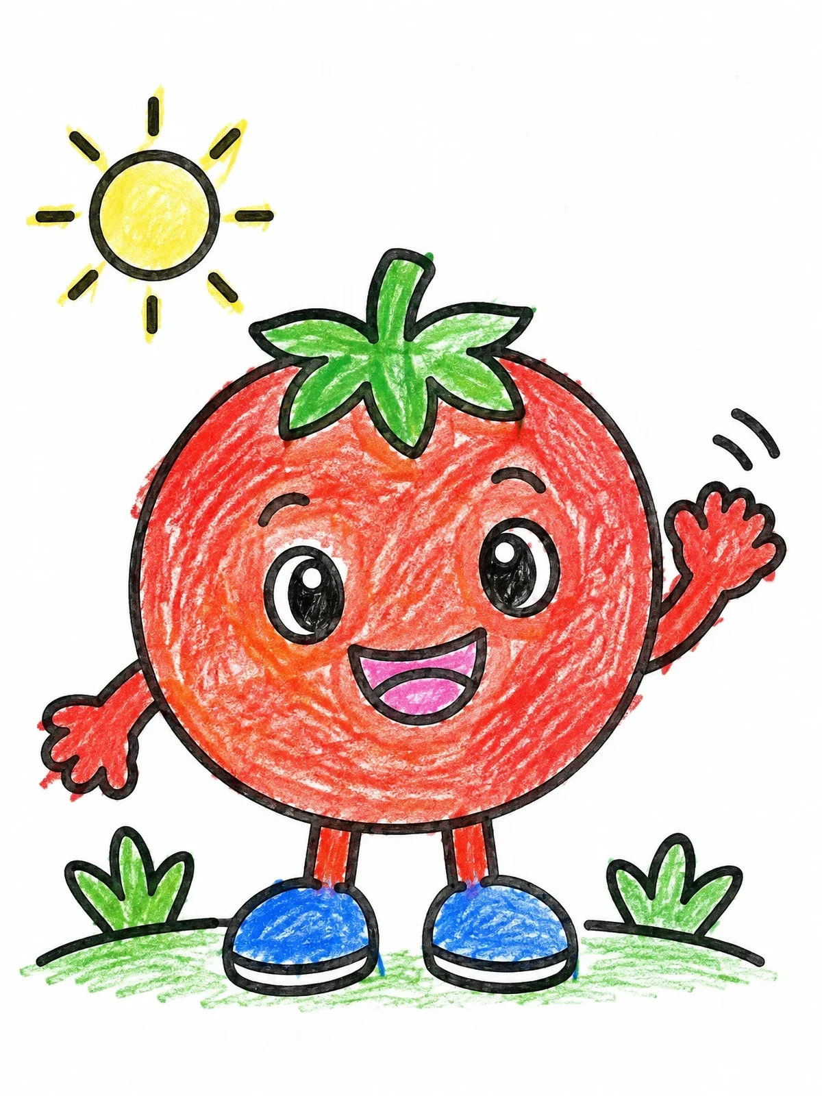 Colored example of the Happy Cartoon Tomato Waving Hello coloring page
