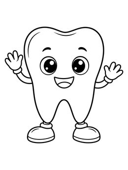 A happy smiling character on a tooth coloring page with waving hands.