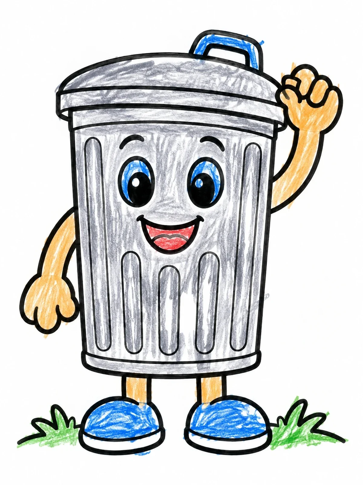 Colored example of the Happy Cartoon Trash Can Waving coloring page