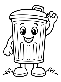 Free printable Happy Cartoon Trash Can Waving coloring page