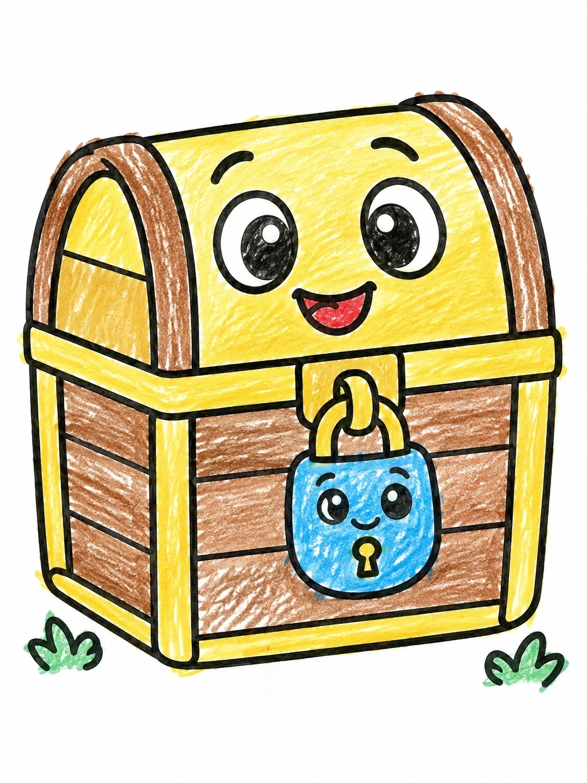 Colored example of the Happy Cartoon Treasure Chest coloring page