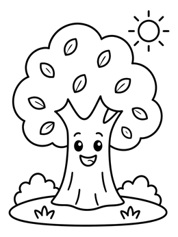 Free printable Happy Cartoon Tree In The Sun coloring page