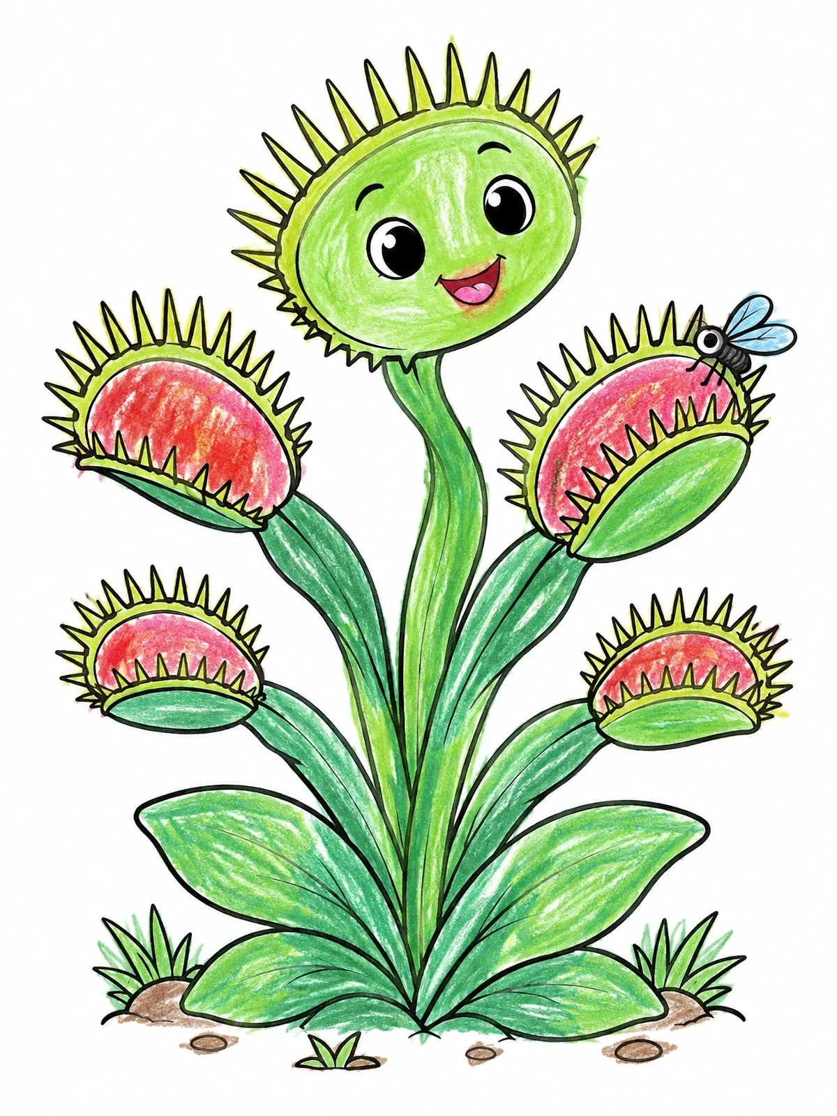 Colored example of the Happy Cartoon Venus Flytrap Plant coloring page