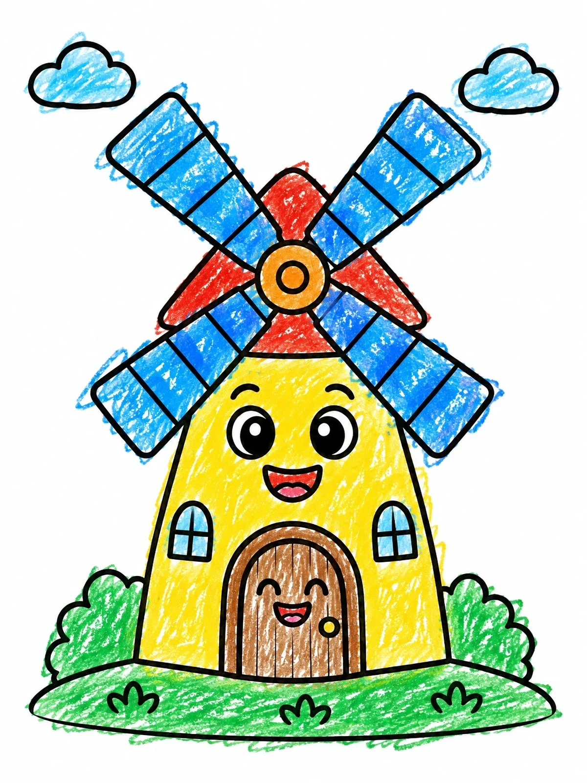 Colored example of the Happy Cartoon Windmill With Smiling Faces coloring page