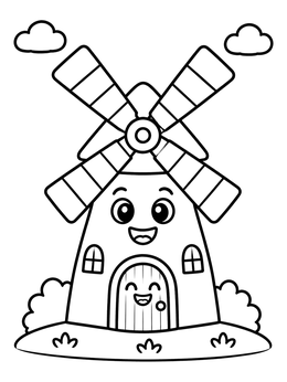 Free printable Happy Cartoon Windmill With Smiling Faces coloring page