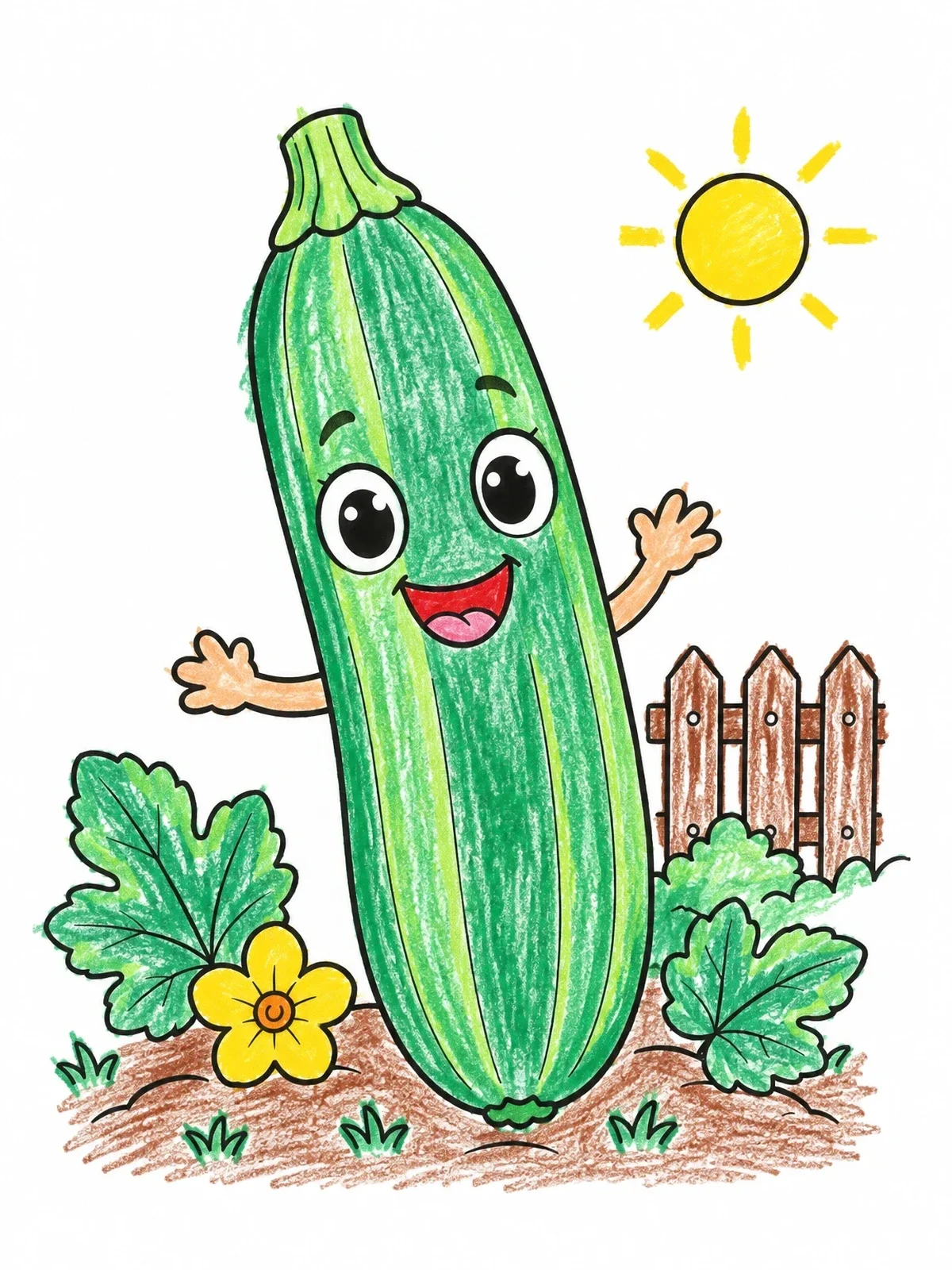 Colored example of the Happy Cartoon Zucchini In Garden coloring page