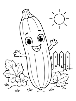 Free printable Happy Cartoon Zucchini In Garden coloring page