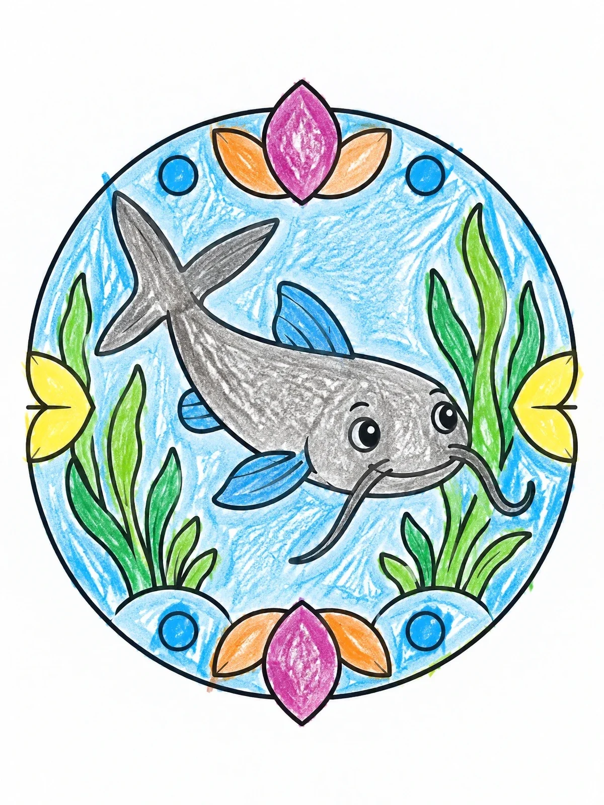 Colored example of the Happy Catfish In A Floral Mandala coloring page