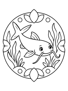 Free printable Happy Catfish In A Floral Mandala coloring page