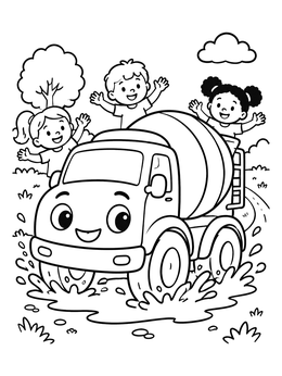 Free printable Happy Cement Mixer In The Mud coloring page