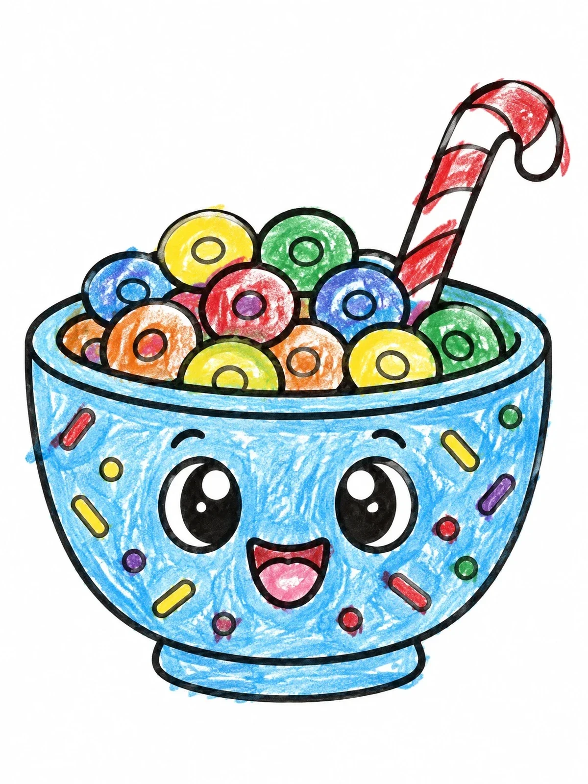 Colored example of the Happy Cereal Bowl With Candy Cane coloring page