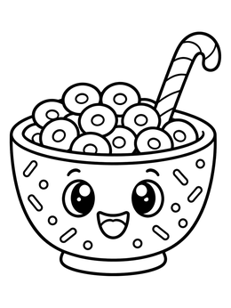A happy cereal coloring page featuring a smiling bowl of loop cereal and a candy cane spoon.
