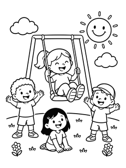 Kids having fun outdoors on a happy coloring page with a swing and sun.