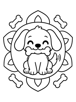 A cheerful puppy holding a treat on this chibi coloring page.