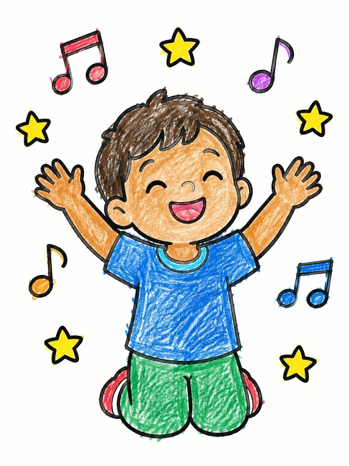 Colored example of the Happy Child Kneeling In Praise coloring page