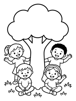 Free printable Happy Children Playing Around A Big Tree coloring page