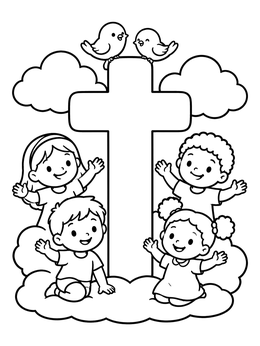 Free printable Happy Children Around A Cross coloring page