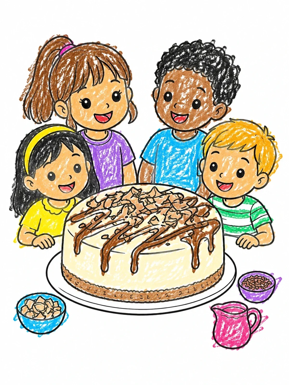 Colored example of the Happy Children Around Drizzled Cheesecake coloring page
