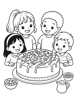 Free printable Happy Children Around Drizzled Cheesecake coloring page