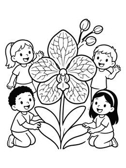 Free printable Happy Children Around Giant Orchid coloring page