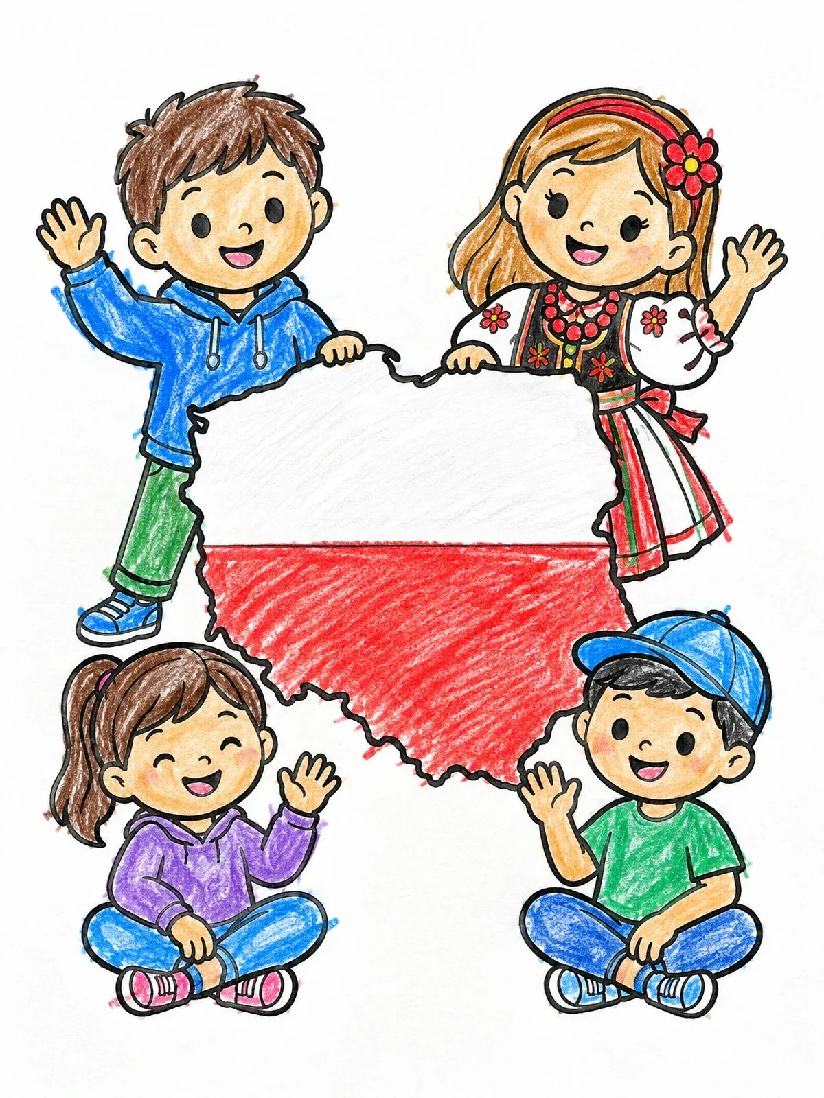 Colored example of the Happy Children Around Poland Map coloring page