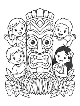 Free printable Happy Children Around Tiki Carving coloring page